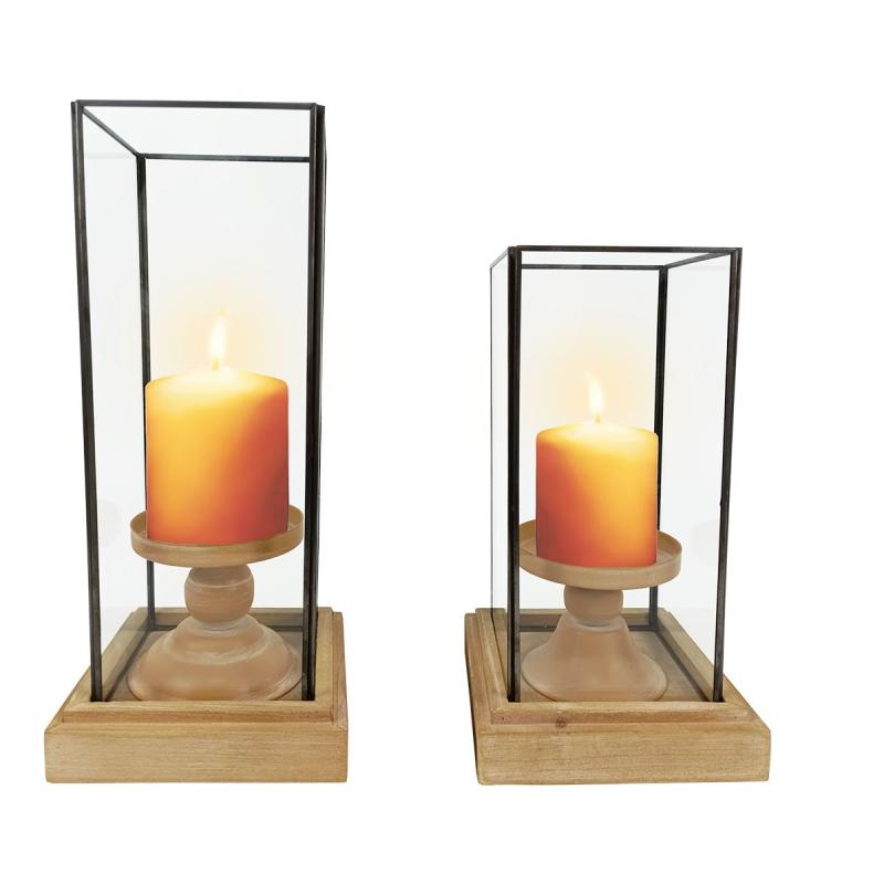PHOTOPHORE BOIS METAL STYLE LANTERNE LE SET DE 2 ANSEB17933 PHOTOPHORE BOIS METAL STYLE LANTERNE LE SET DE 2 ANSEB17933