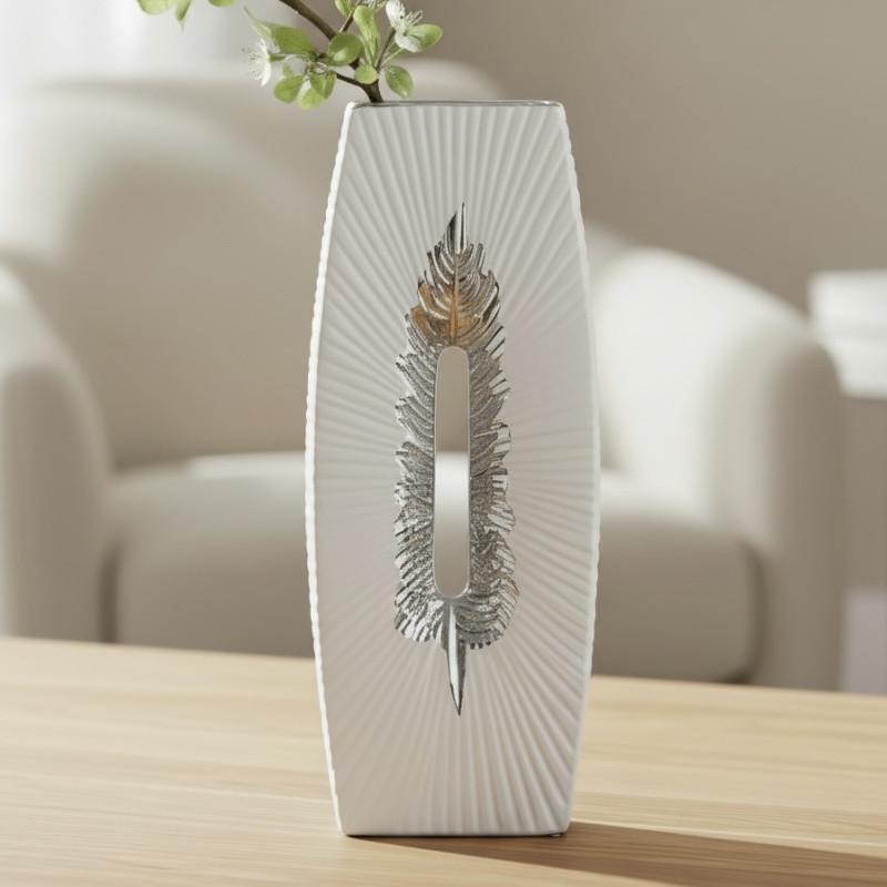 VASE BLANC FEUILLE ARGENTE  EDDX143